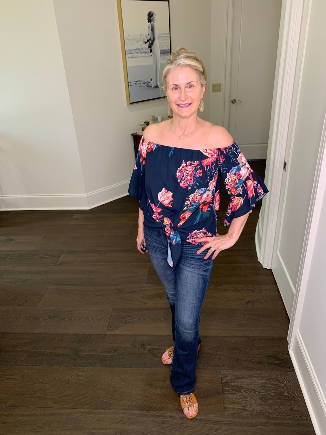 Off Shoulder Top with Bell Sleeves - Floral Prints