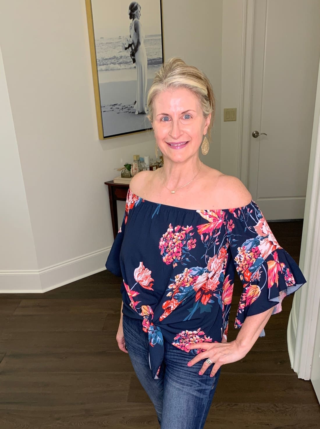 Off Shoulder Top with Bell Sleeves - Floral Prints
