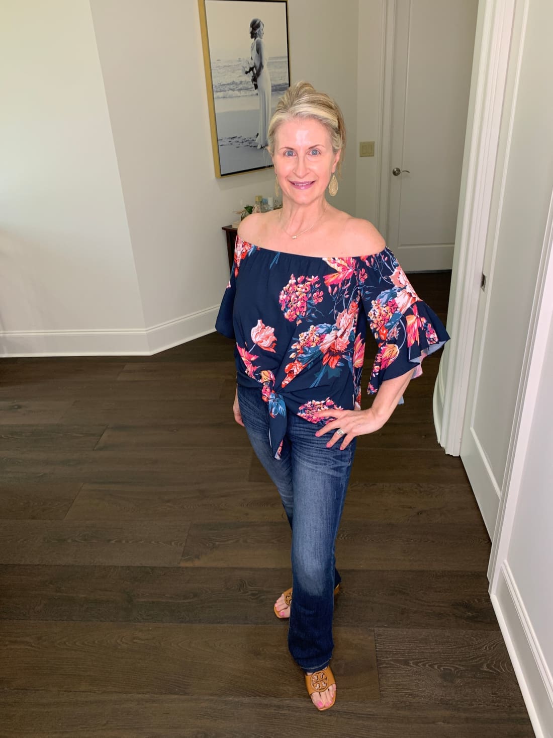 Off Shoulder Top with Bell Sleeves - Floral Prints