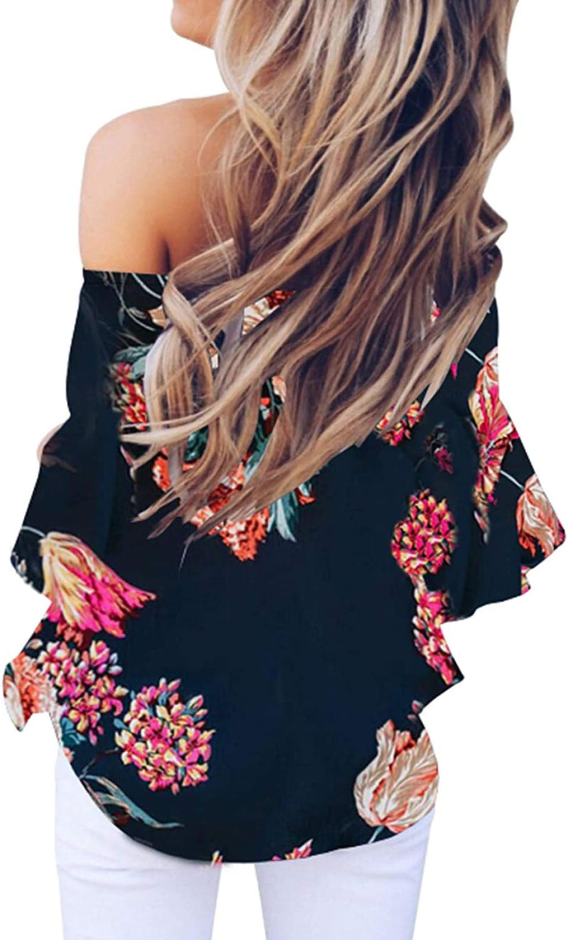 Off Shoulder Top with Bell Sleeves - Floral Prints