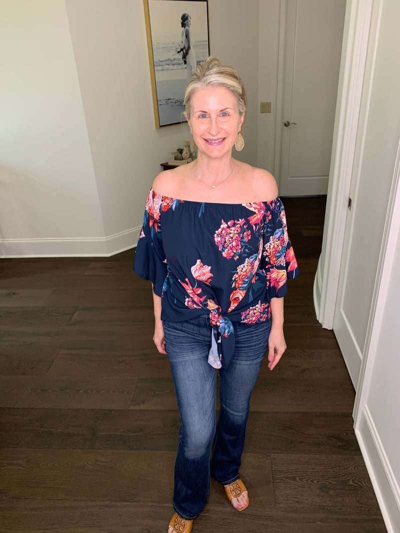Off Shoulder Top with Bell Sleeves - Floral Prints