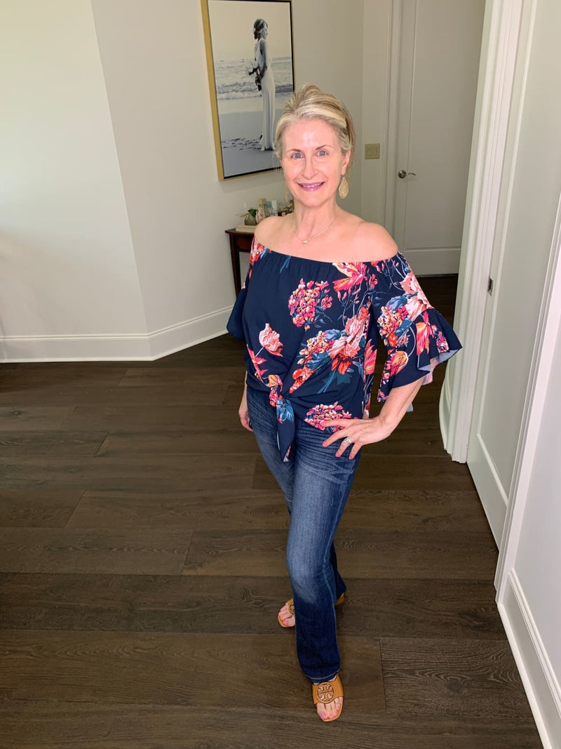 Off Shoulder Top with Bell Sleeves - Floral Prints
