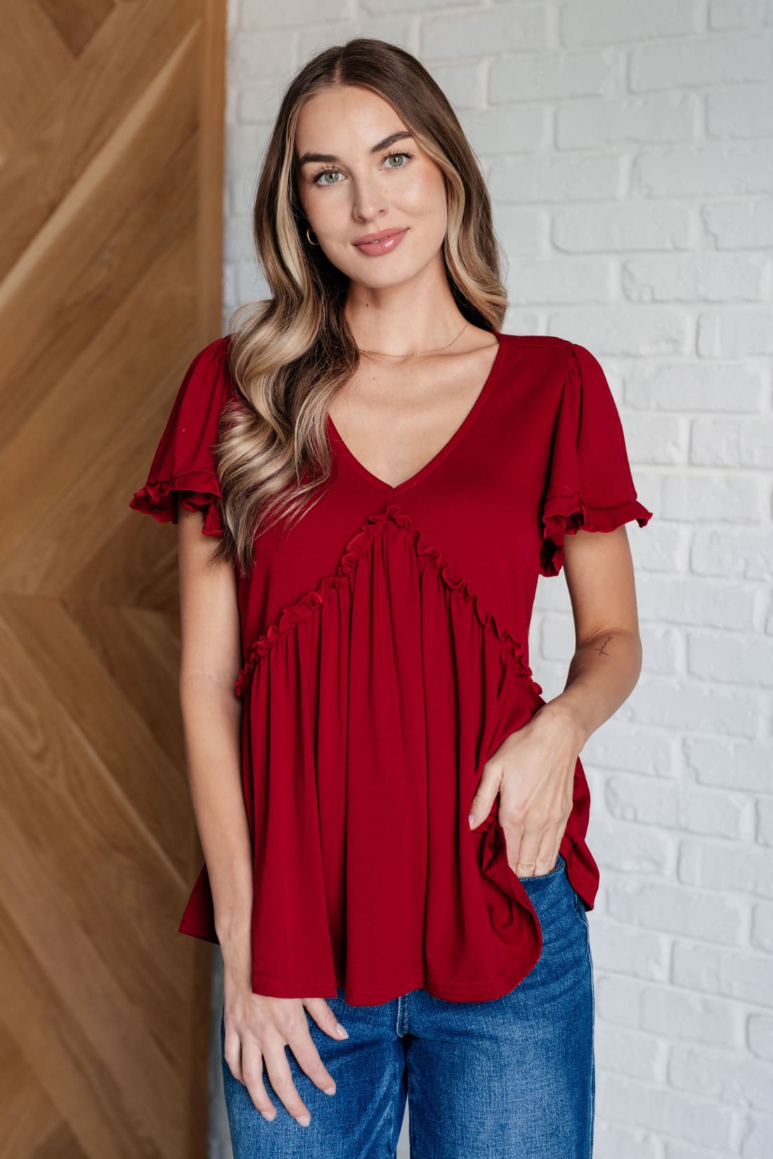 One Day Soon V-Neck Ruffle Detail Top | Tops