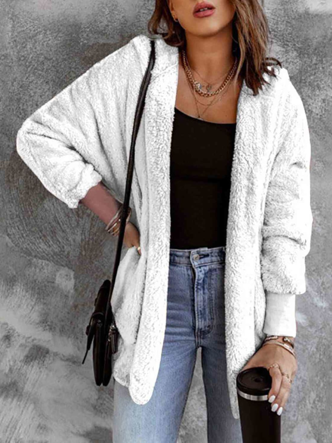 Open Front Hooded Faux Fur Outwear with Pockets | Jackets & Coats