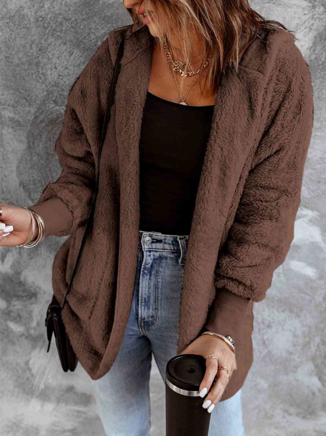 Open Front Hooded Faux Fur Outwear with Pockets | Jackets & Coats