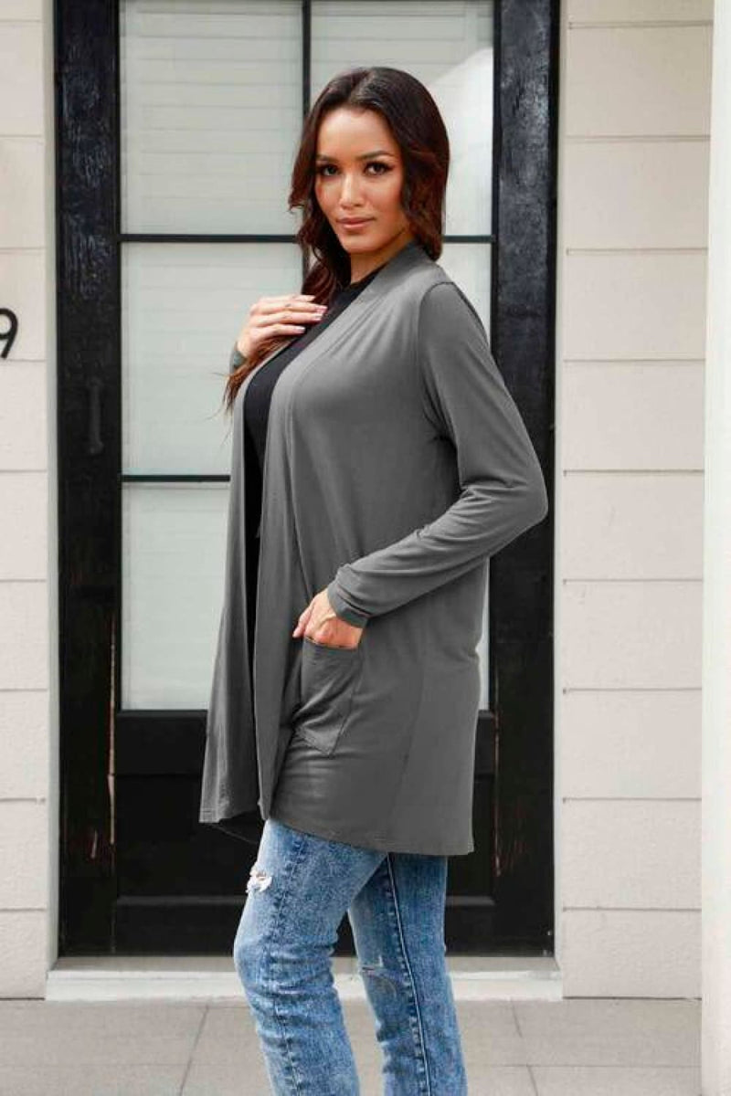 Open Front Long Sleeve Lightweight Cardigan with Slouchy Pockets