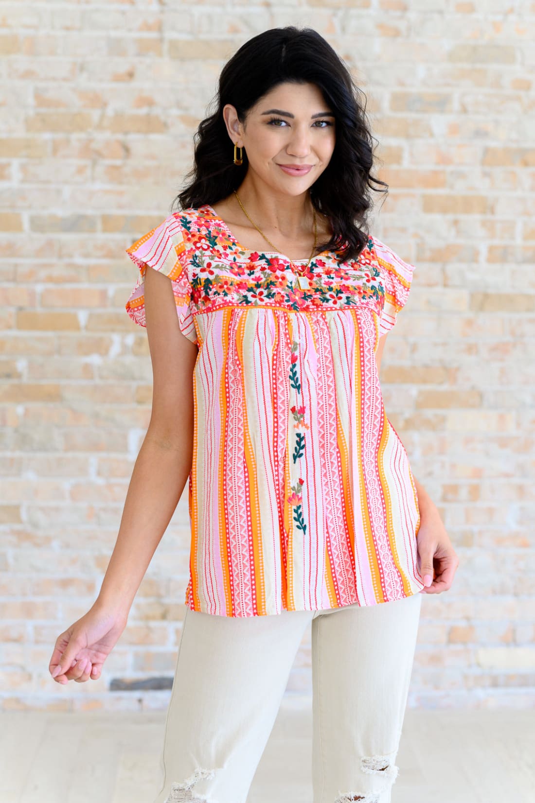 Orange Blossoms Flutter Sleeve Blouse | Tops