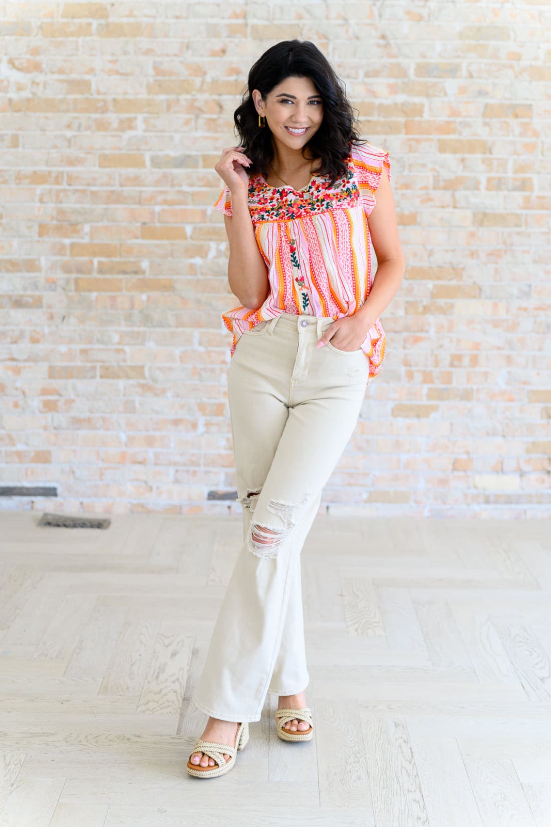 Orange Blossoms Flutter Sleeve Blouse | Tops