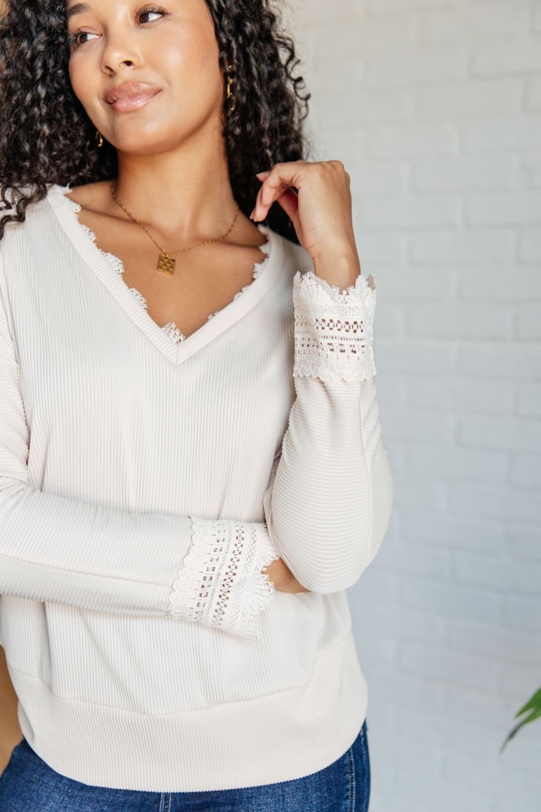 Piqued Interest Lace Trim V Neck Top | Long Sleeve Tops