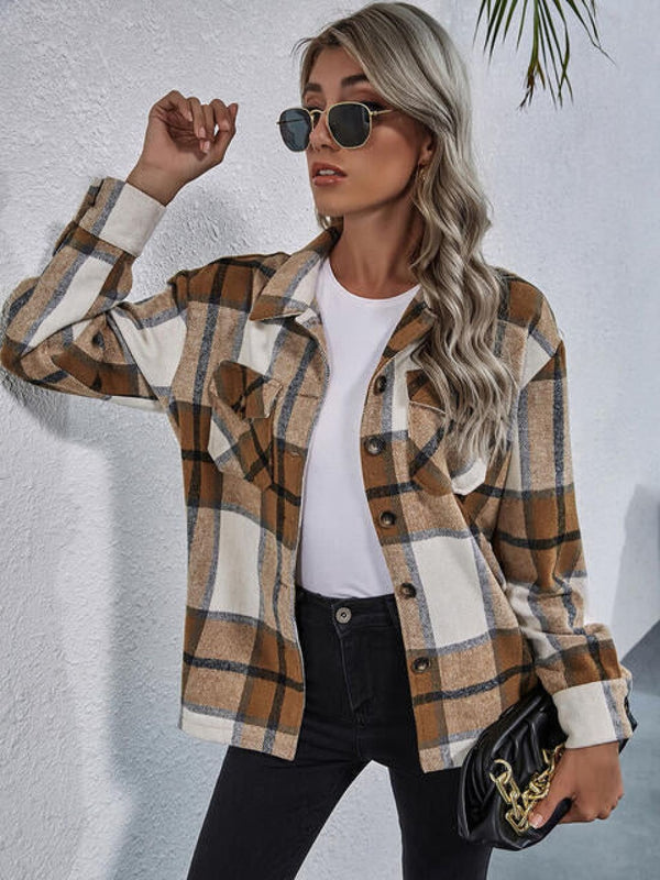 Plaid Button Down Collared Jacket | Coats & Jackets