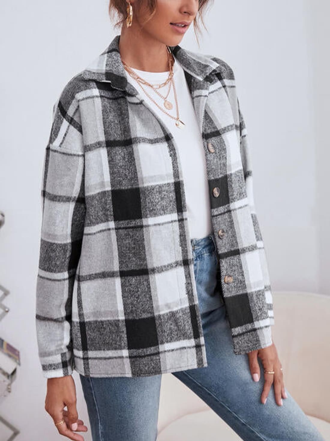 Plaid Collared Neck Button Down Jacket | Coats & Jackets