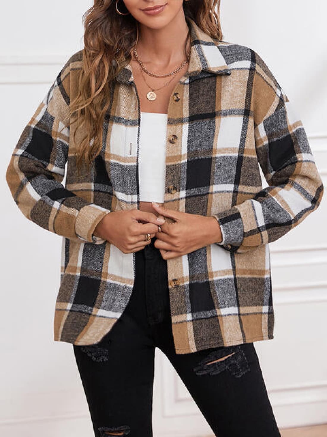 Plaid Collared Neck Button Down Jacket | Coats & Jackets