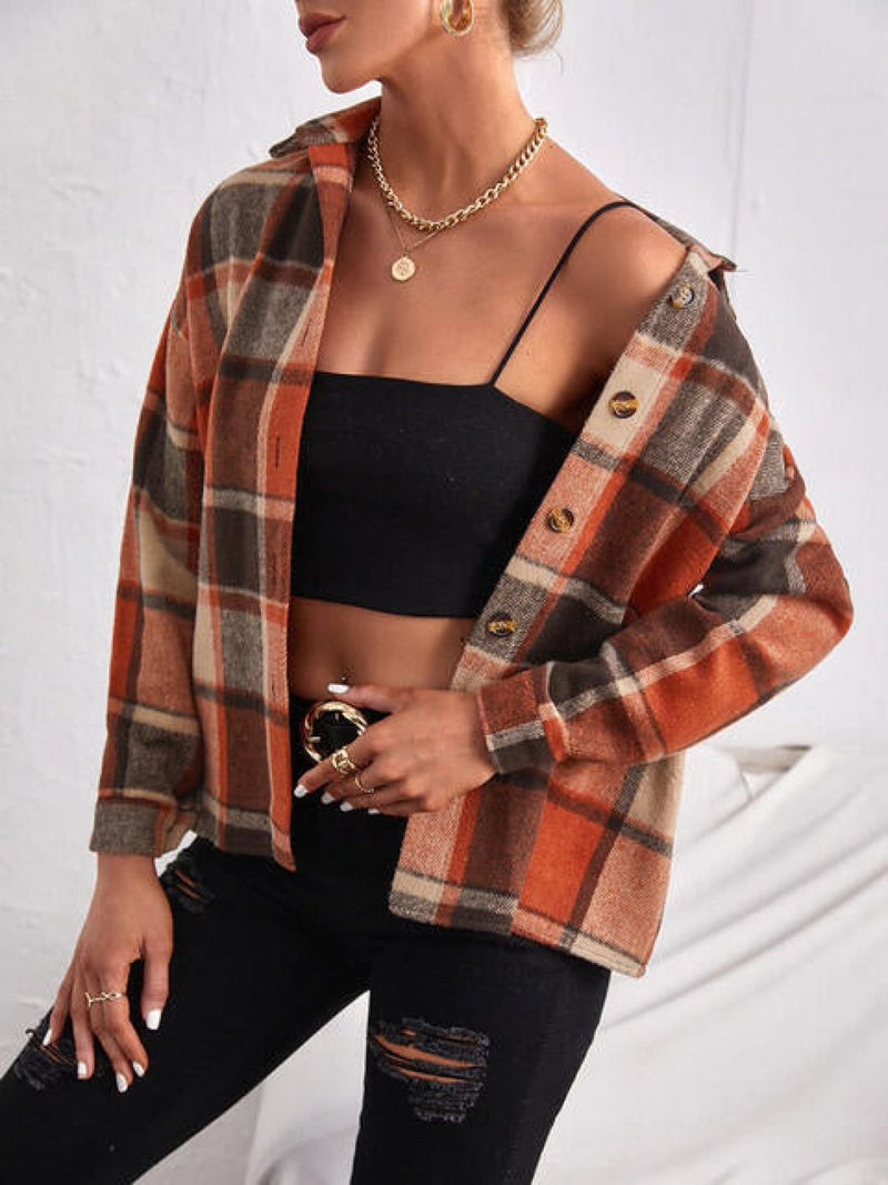 Plaid Collared Neck Button Down Jacket | Coats & Jackets