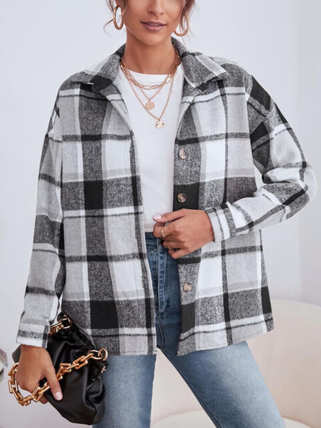 Plaid Collared Neck Button Down Jacket | Coats & Jackets