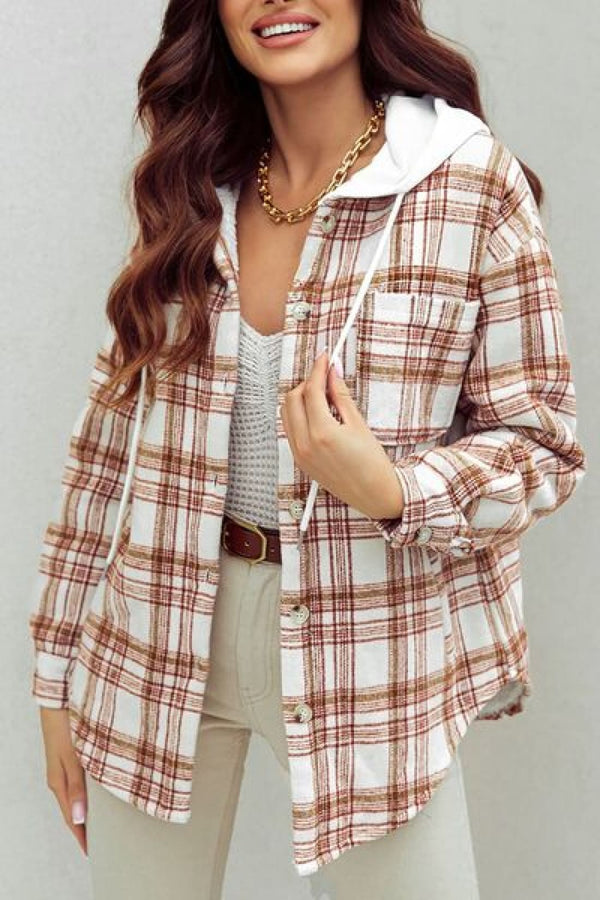 Plaid Drawstring Button Up Long Sleeve Hooded Jacket | Jackets & Coats