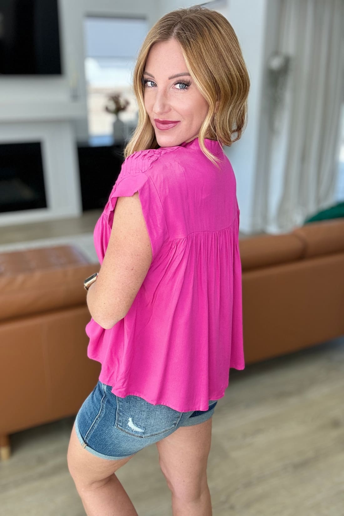 Pleat Detail Button Up Blouse in Hot Pink | Blouses & Shirts