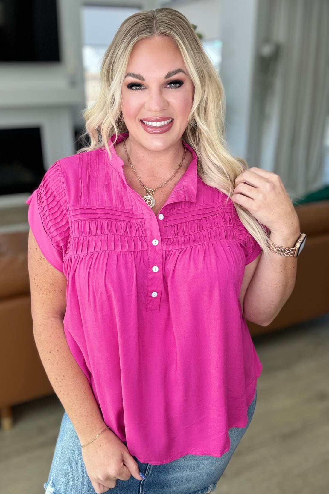 Pleat Detail Button Up Blouse in Hot Pink | Blouses & Shirts