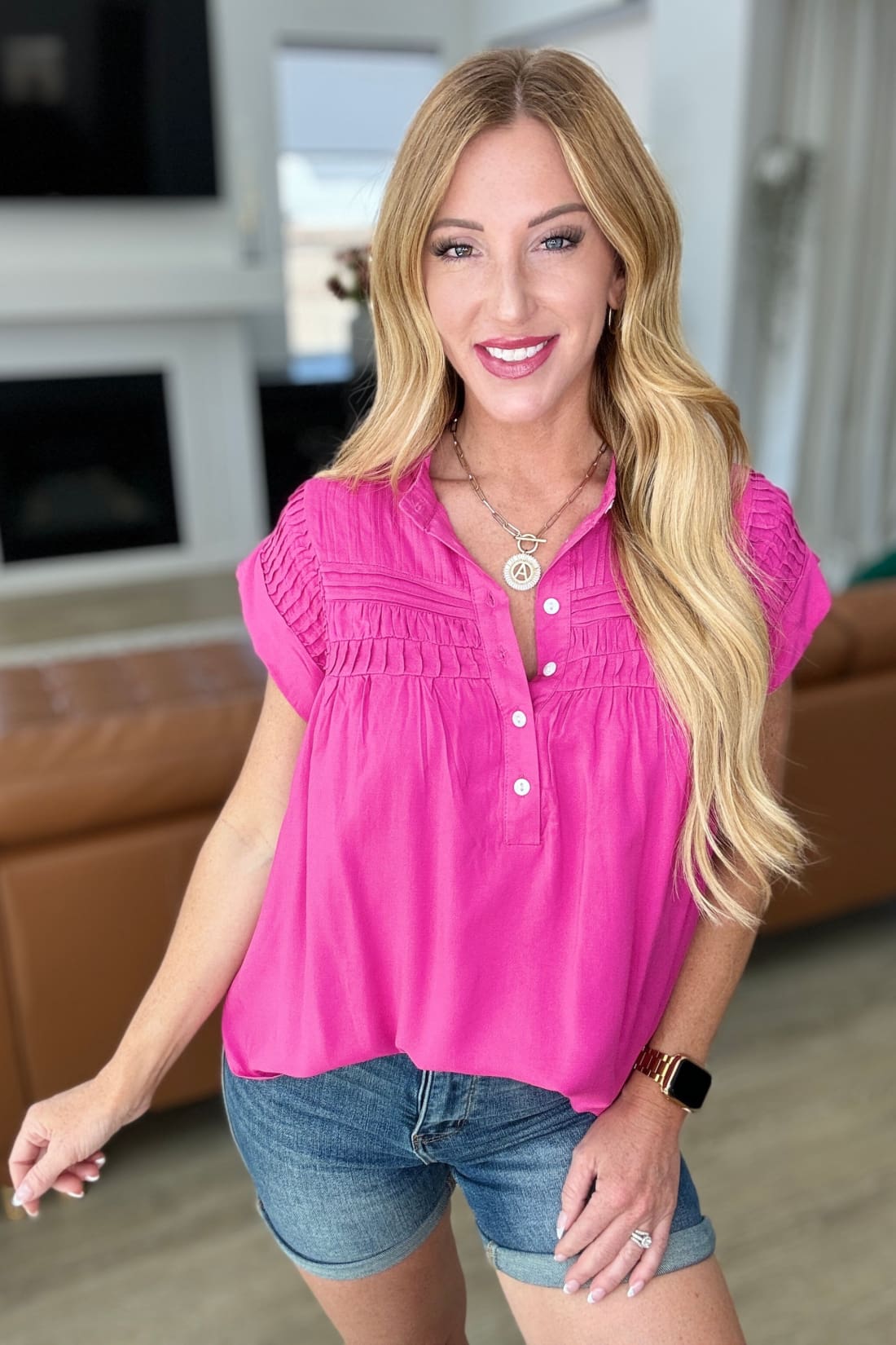 Pleat Detail Button Up Blouse in Hot Pink | Blouses & Shirts