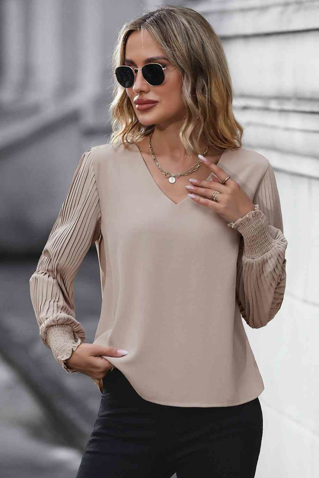 Pleated Lantern Sleeve V-Neck Blouse | Blouses & Shirts