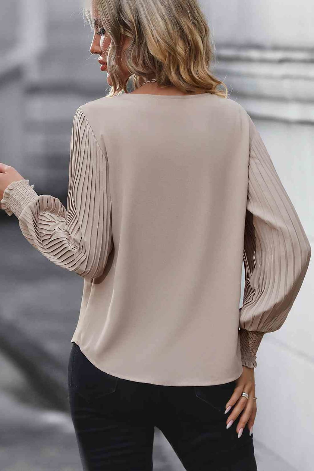 Pleated Lantern Sleeve V-Neck Blouse | Blouses & Shirts