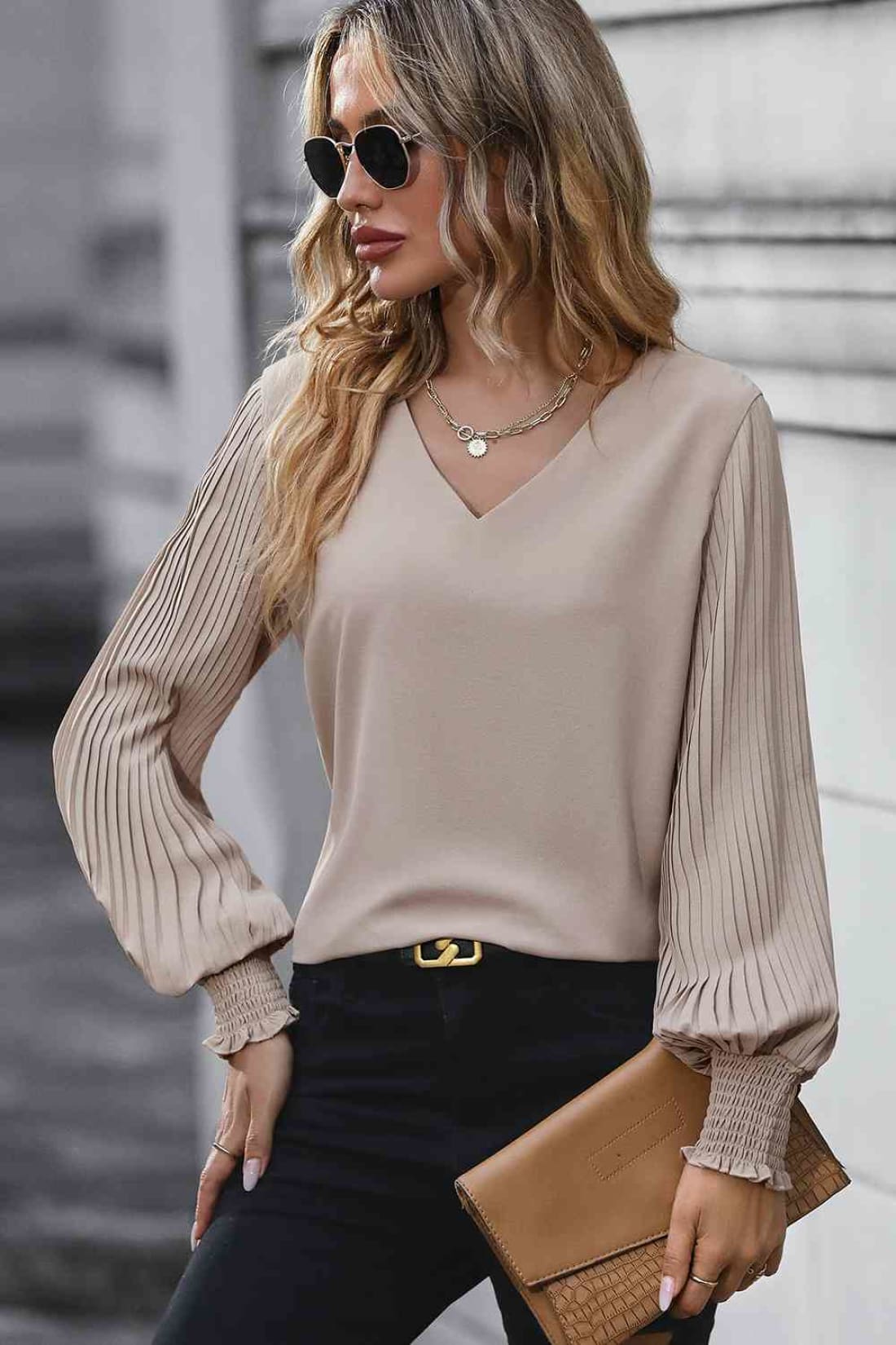 Pleated Lantern Sleeve V-Neck Blouse | Blouses & Shirts