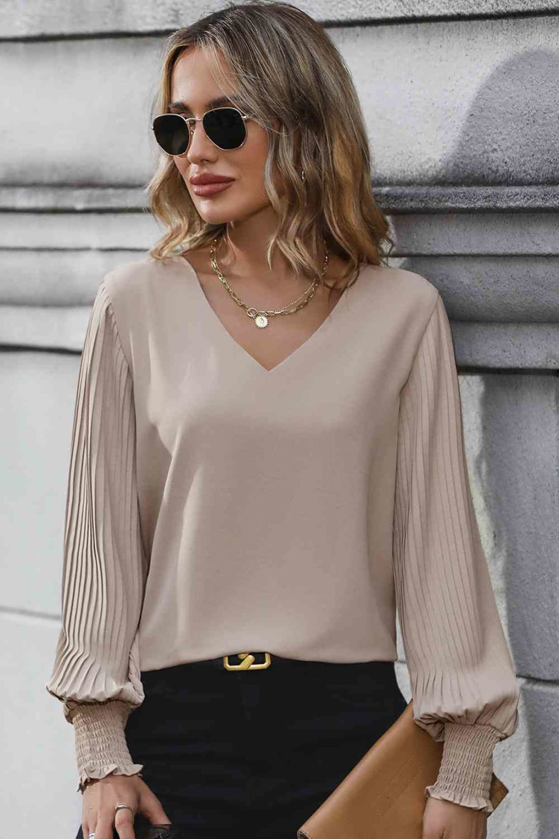 Pleated Lantern Sleeve V-Neck Blouse | Blouses & Shirts