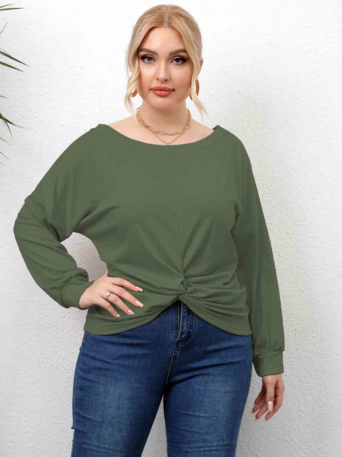 Plus Size Twisted Drop Shoulder T-Shirt | Long Sleeve Tops