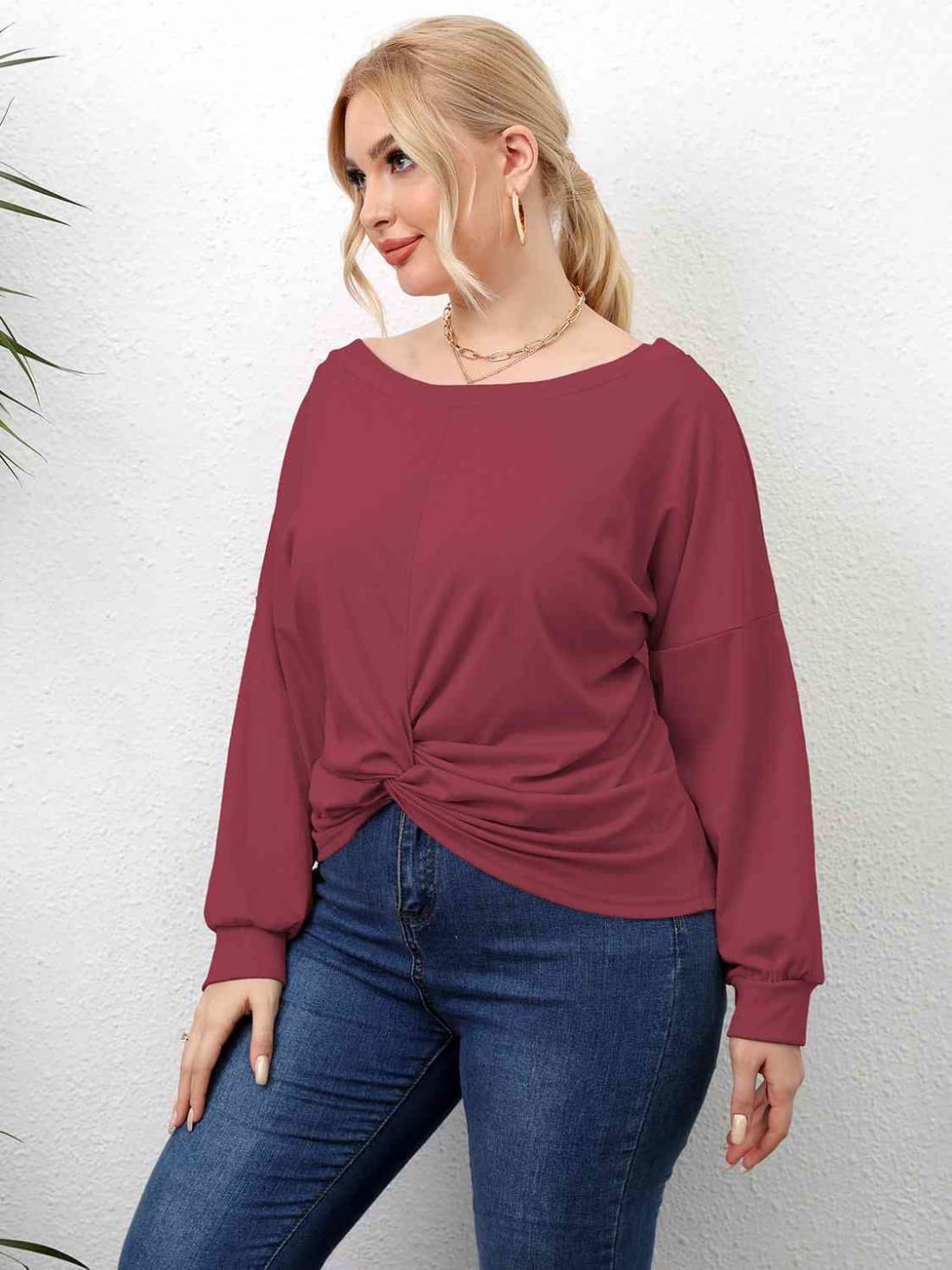 Plus Size Twisted Drop Shoulder T-Shirt | Long Sleeve Tops