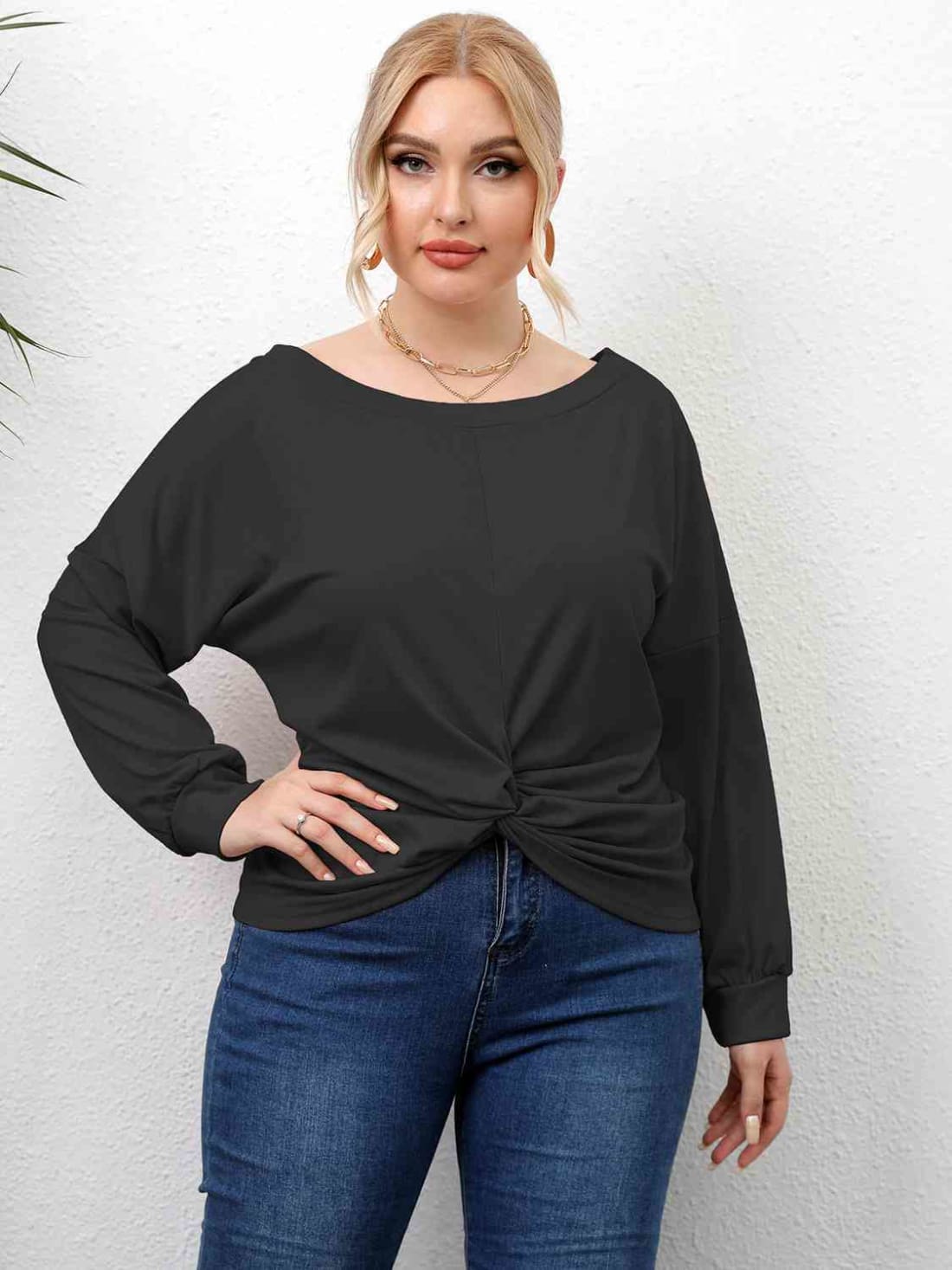 Plus Size Twisted Drop Shoulder T-Shirt | Long Sleeve Tops