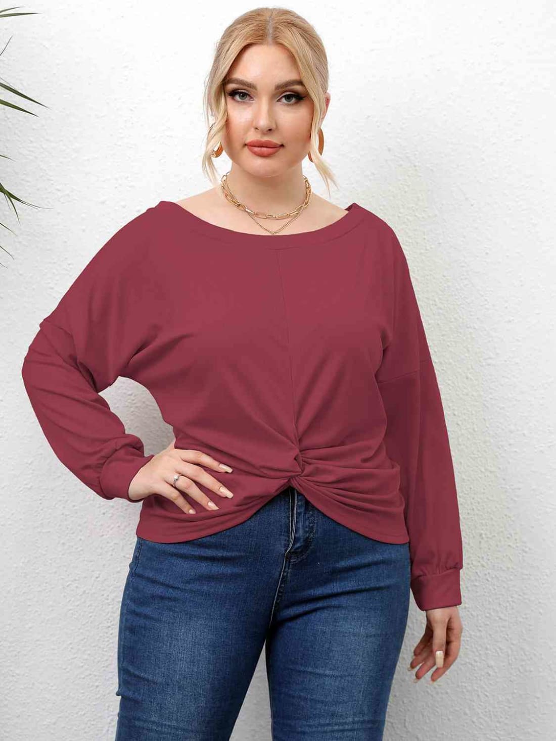 Plus Size Twisted Drop Shoulder T-Shirt | Long Sleeve Tops