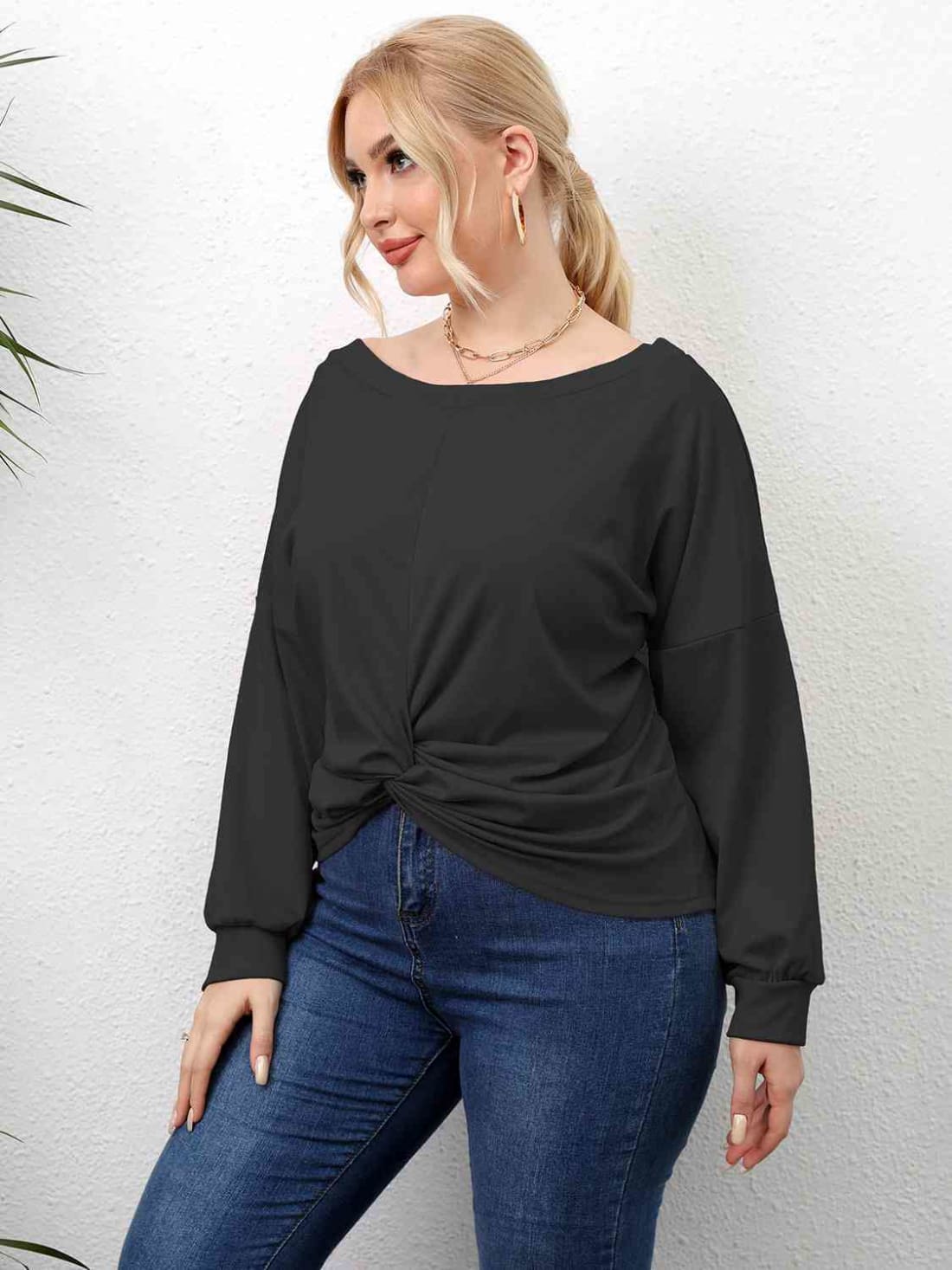 Plus Size Twisted Drop Shoulder T-Shirt | Long Sleeve Tops