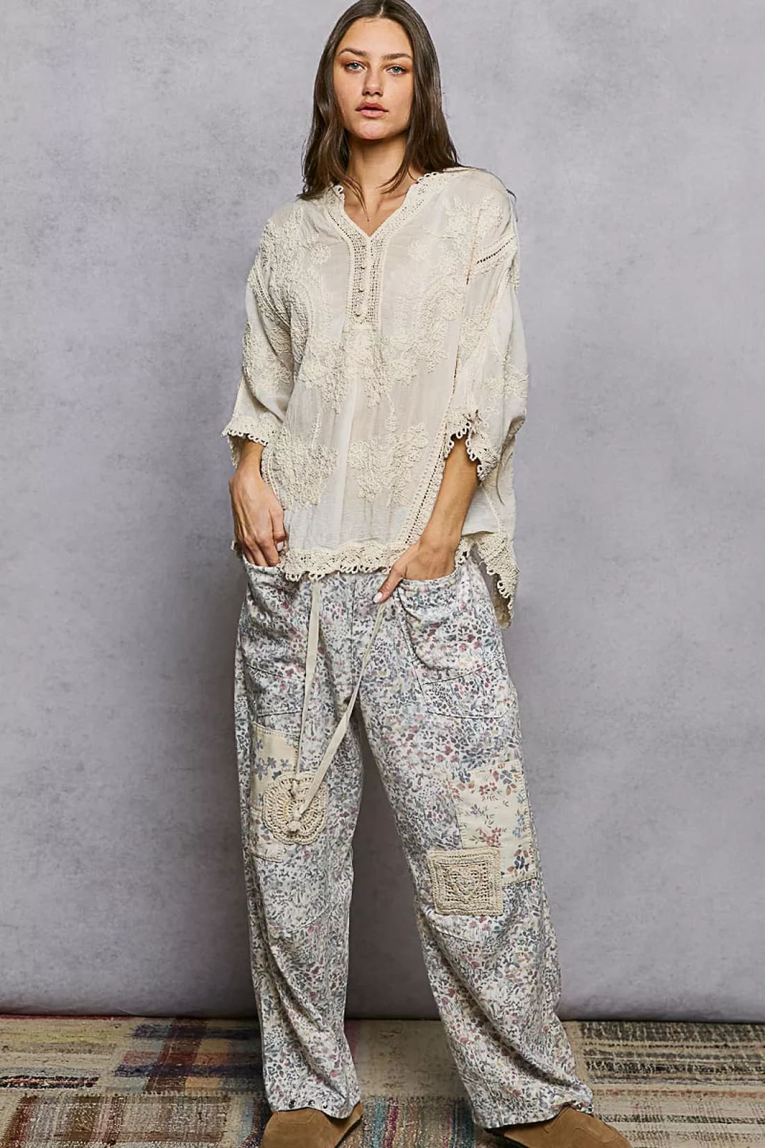 POL Floral Embroidered Top with Trim Edge