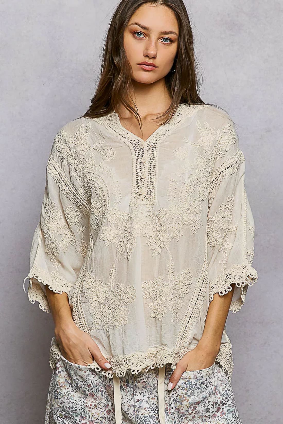 POL Floral Embroidered Top with Trim Edge