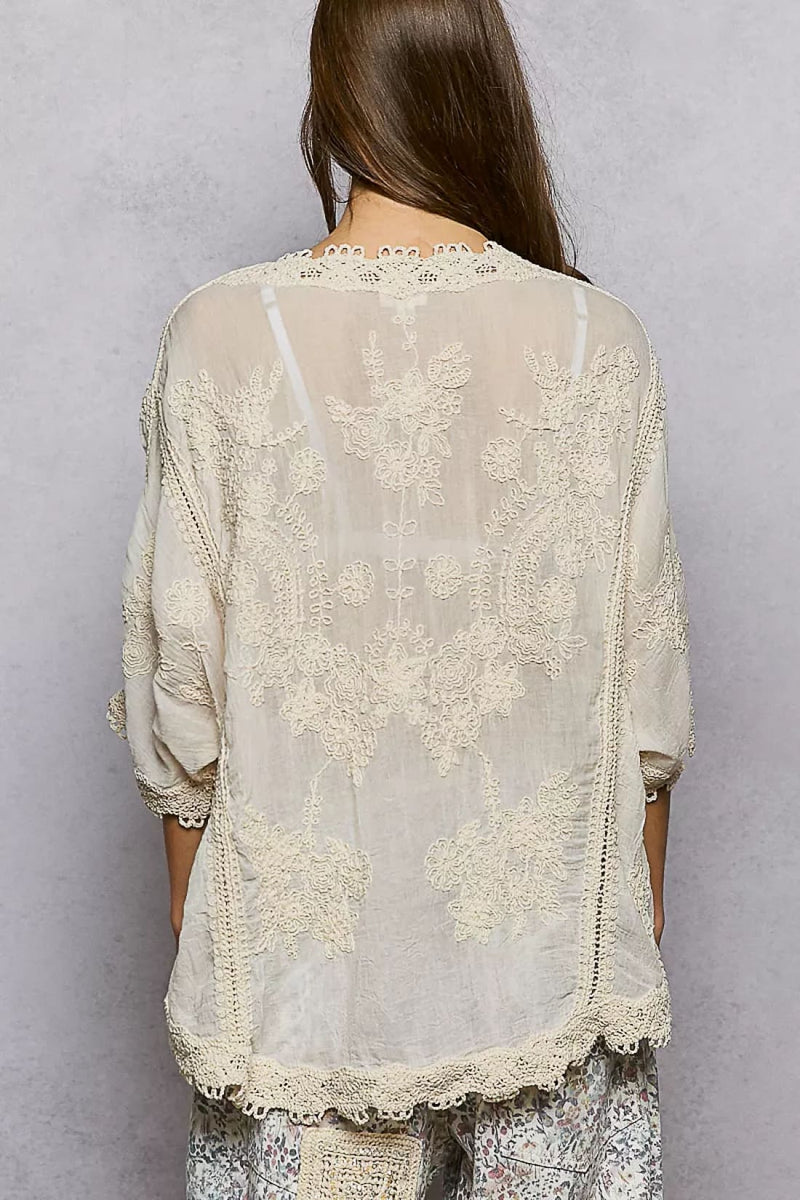 POL Floral Embroidered Top with Trim Edge