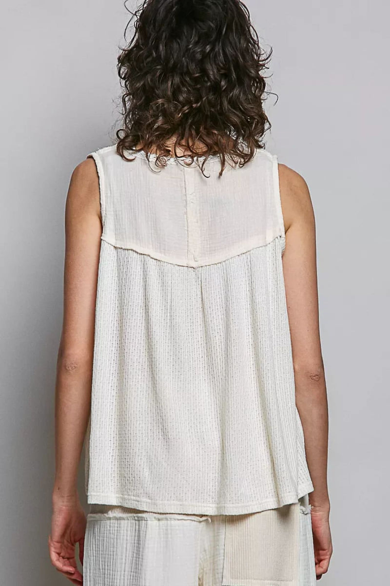 POL Lace Detail Floral Double Gauze Patch Sleeveless Top