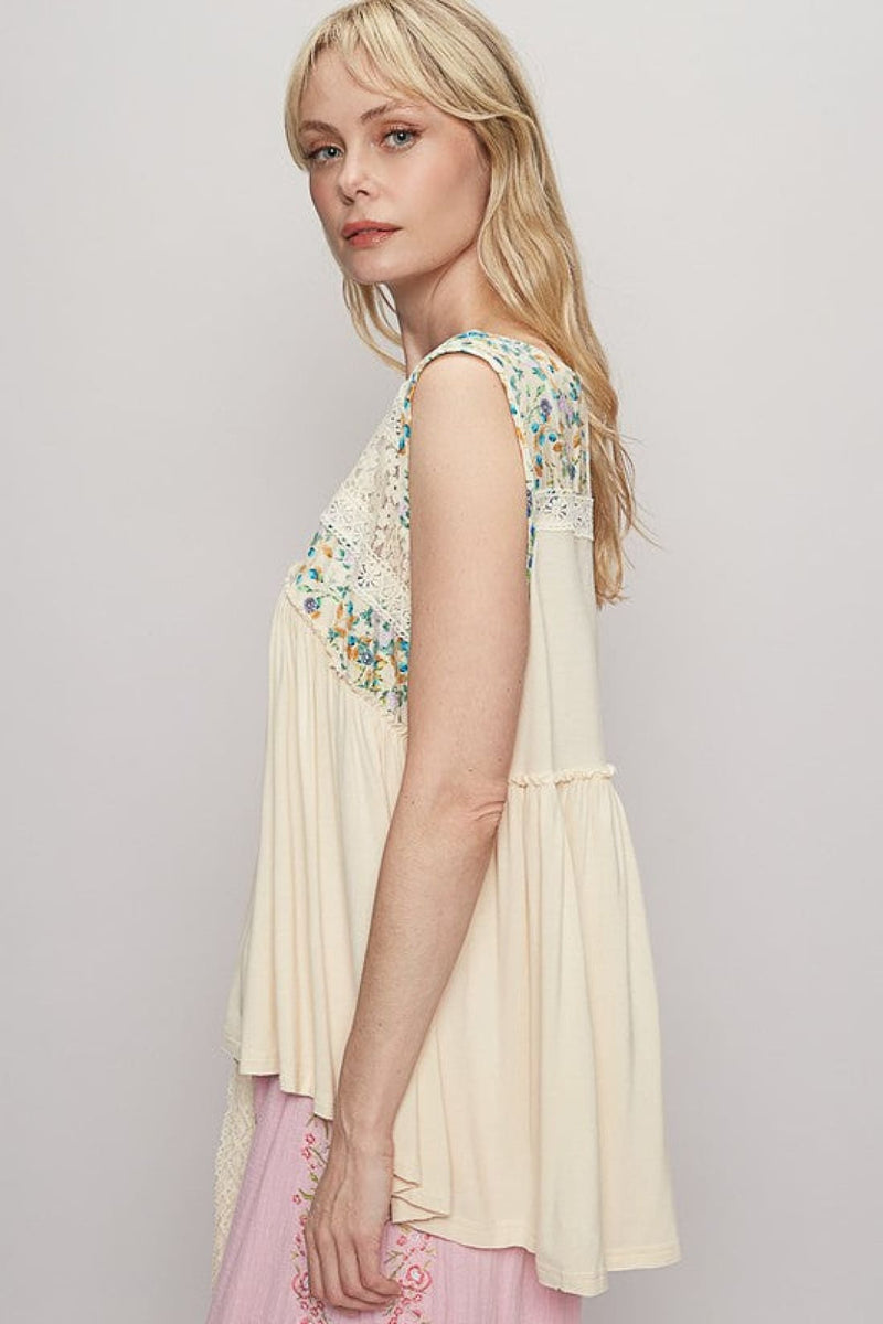 POL Lace Detail Frill Floral V Neck Sleeveless Top