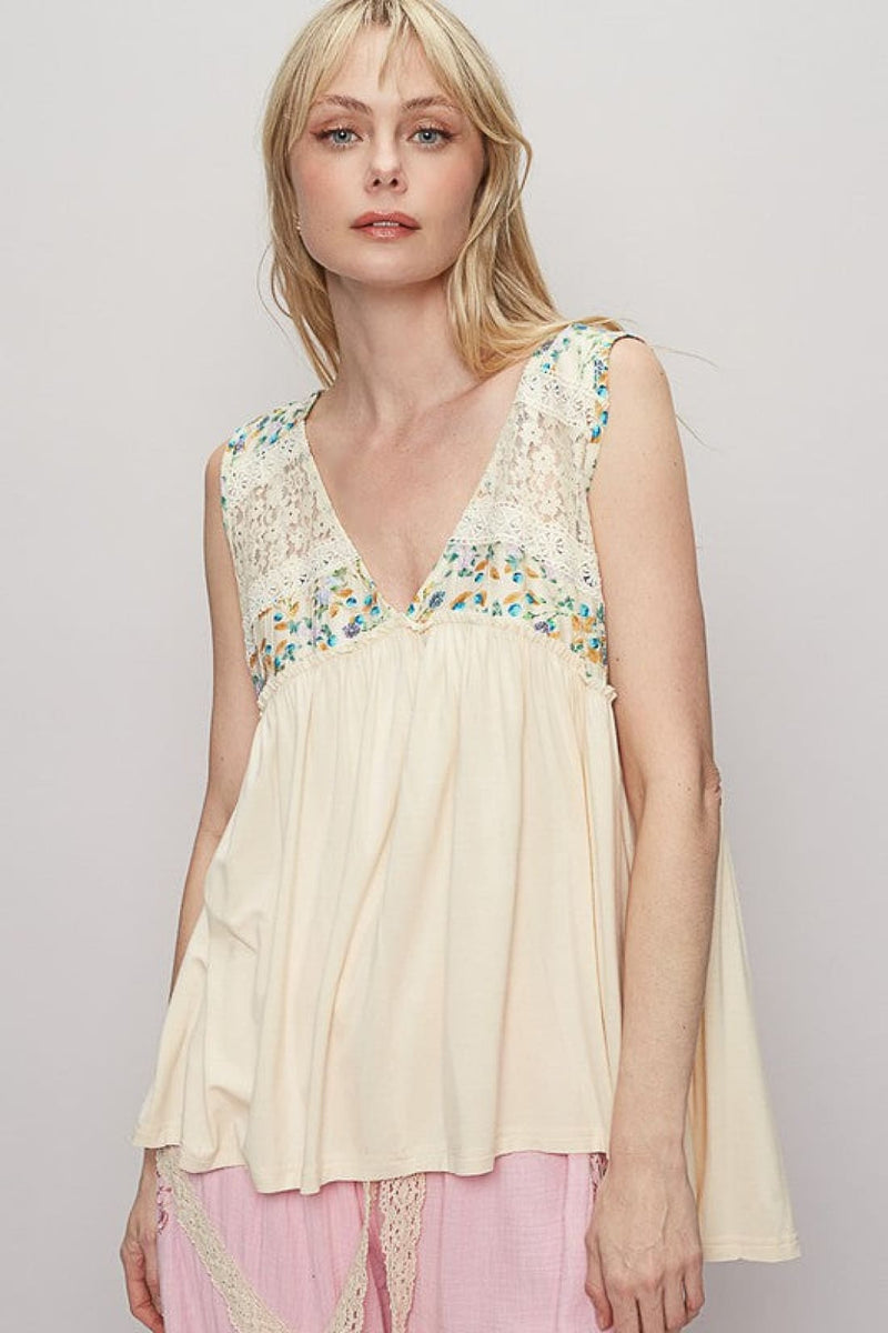POL Lace Detail Frill Floral V Neck Sleeveless Top