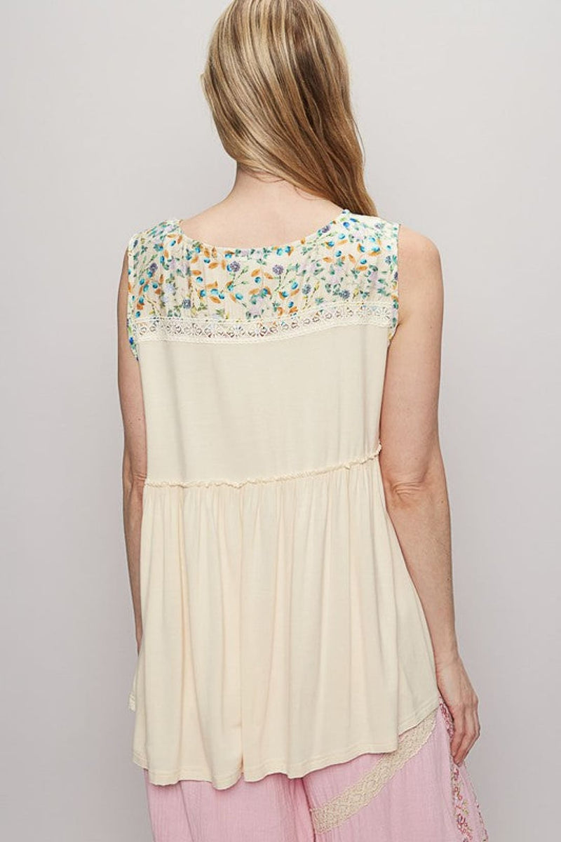 POL Lace Detail Frill Floral V Neck Sleeveless Top