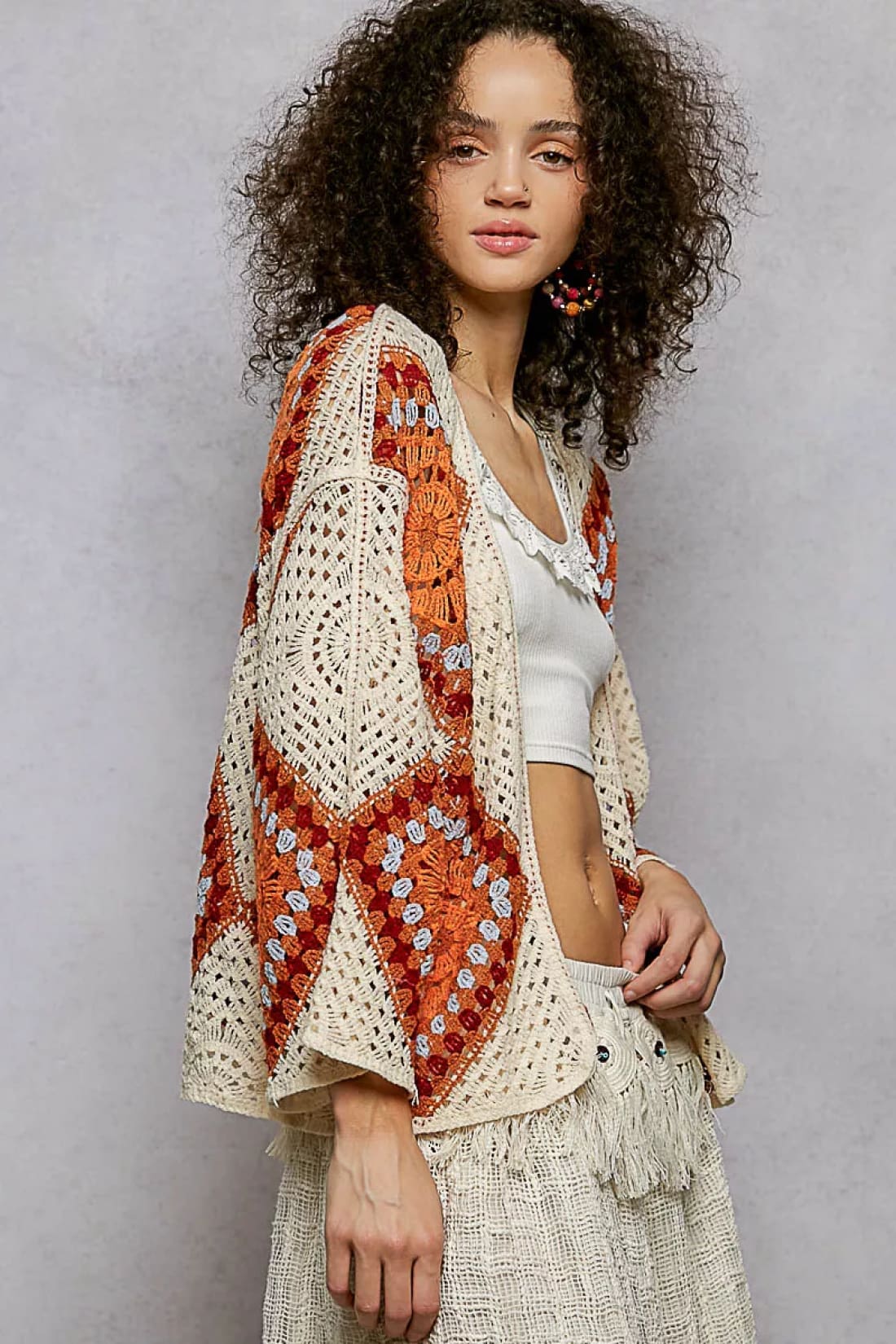 POL Open Front Crochet Cardigan with Granny Square Pattern
