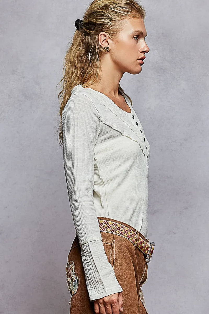 POL Ribbed Half Button Lace Detail Knit Top