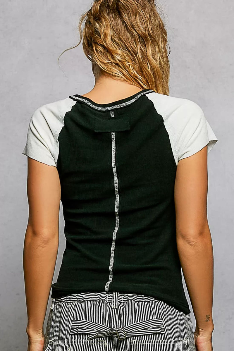 POL Round Neck Outseam Detail T-Shirt with Contrast Color Sleeves