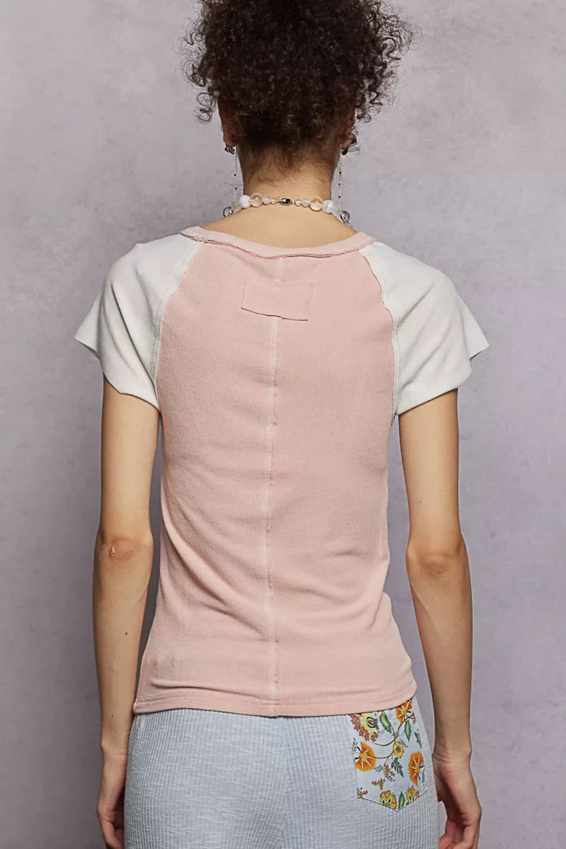 POL Round Neck Outseam Detail T-Shirt with Contrast Color Sleeves