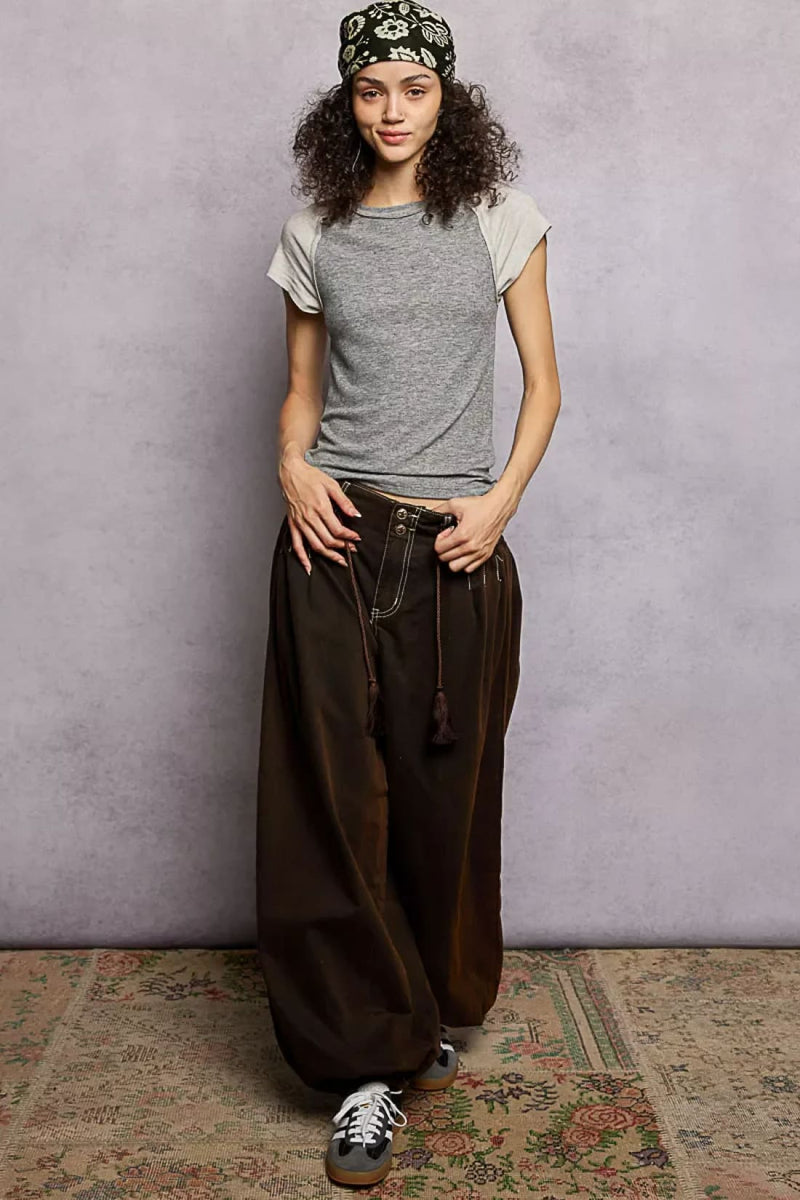 POL Round Neck Outseam Detail T-Shirt with Contrast Color Sleeves