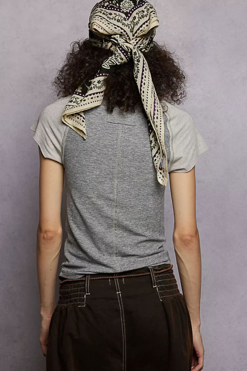 POL Round Neck Outseam Detail T-Shirt with Contrast Color Sleeves