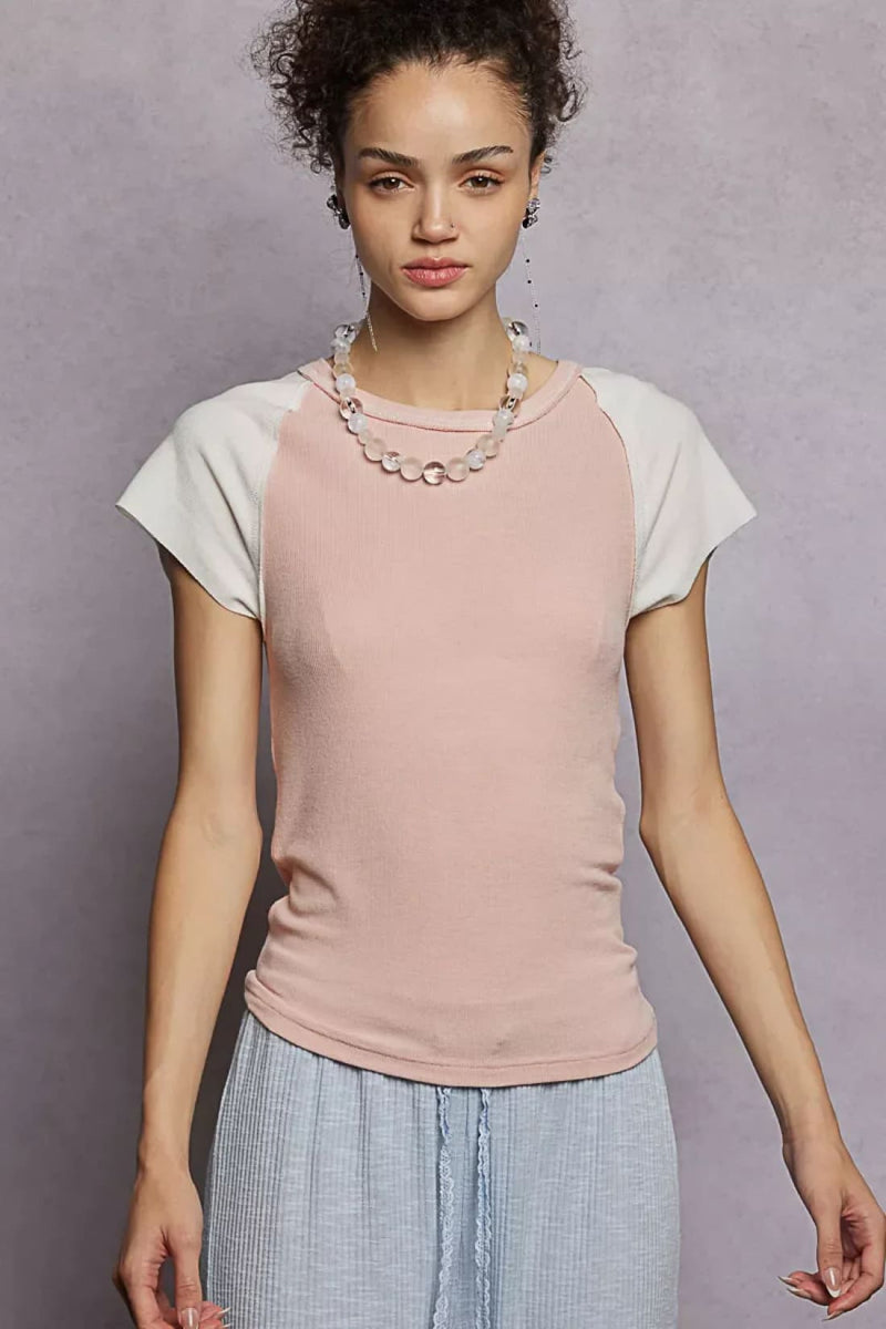 POL Round Neck Outseam Detail T-Shirt with Contrast Color Sleeves