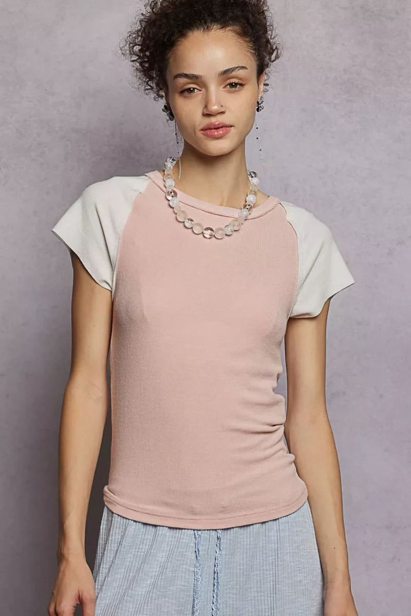 POL Round Neck Outseam Detail T-Shirt with Contrast Color Sleeves
