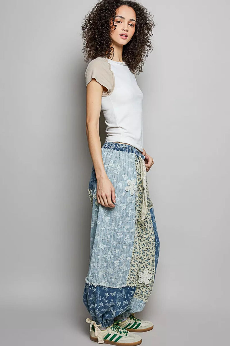 POL Round Neck Outseam Detail T-Shirt with Contrast Color Sleeves