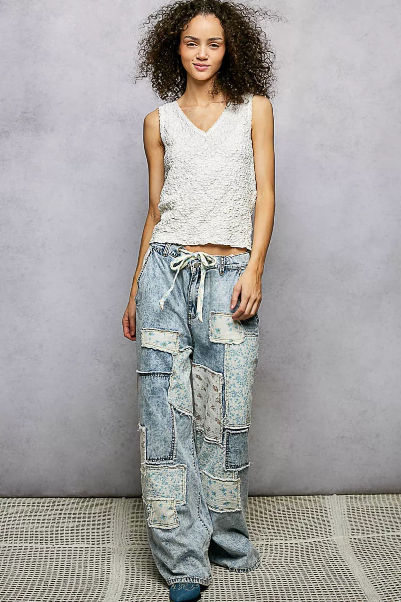 POL Textured Knit V-Neck Tank with Lace Trim
