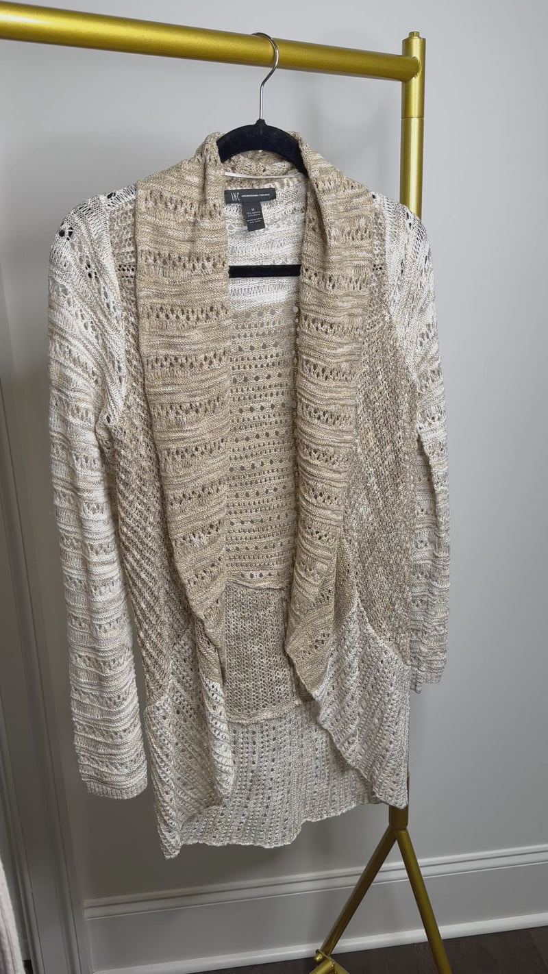 INC International Concepts Khaki Heathered Crochet Open Shawl Collar Cardigan -NWOT - Size M