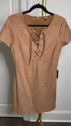 Express Brown Faux Suede Lace Up Mod Mini Dress New 10